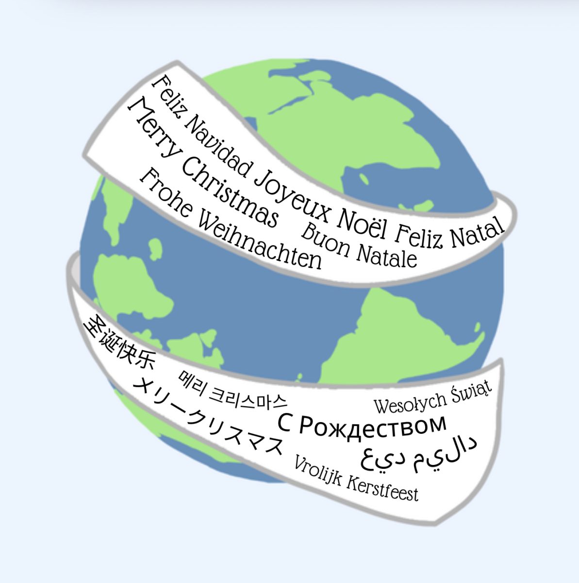 A globe wrapped in a banner with “Merry Christmas” in multiple languages tied around it